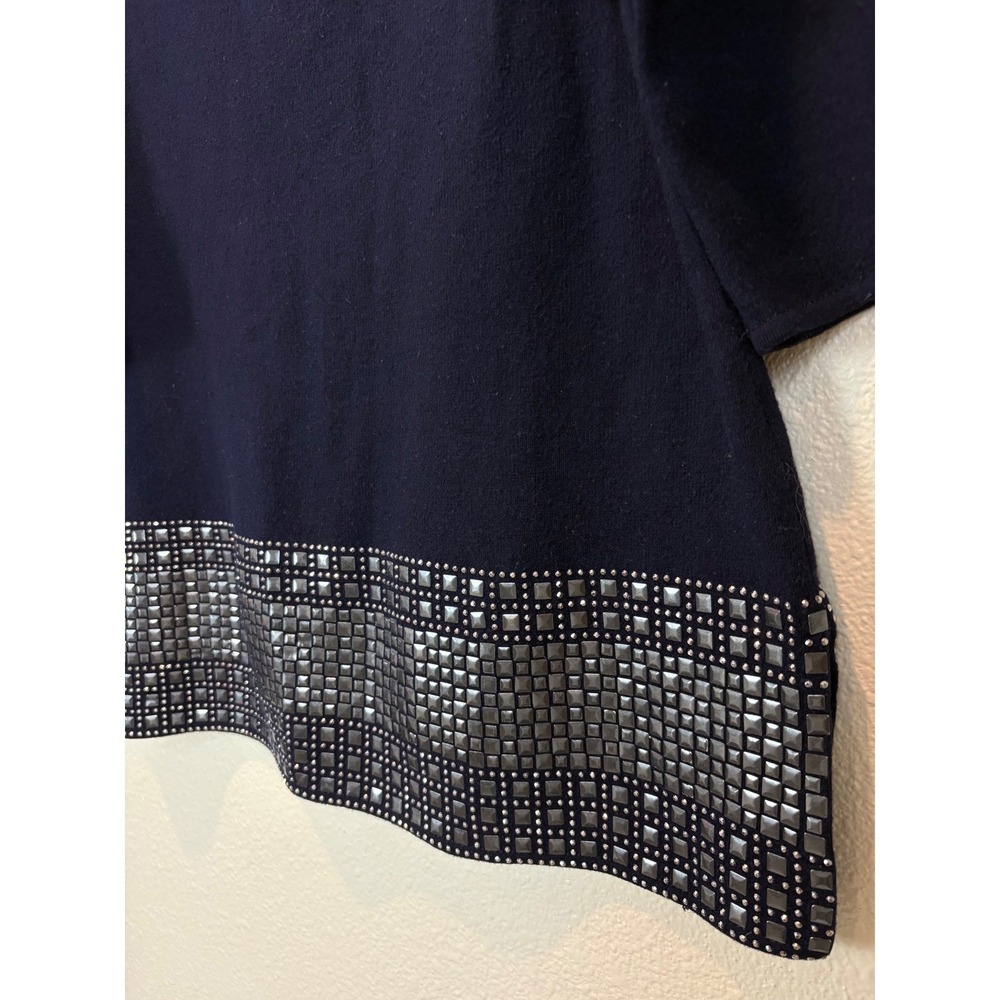 St John Navy Blue Wool Blend Studded Hem Knit Top 3/4 Sleeve Boatneck - Picture 9 of 9